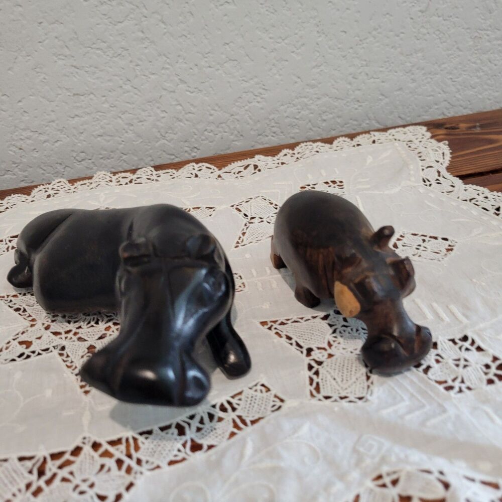 Vtg Pair of Hand Carved Solid Wood Hippo Sculptures MCM Rustic Hippopotamus Boho